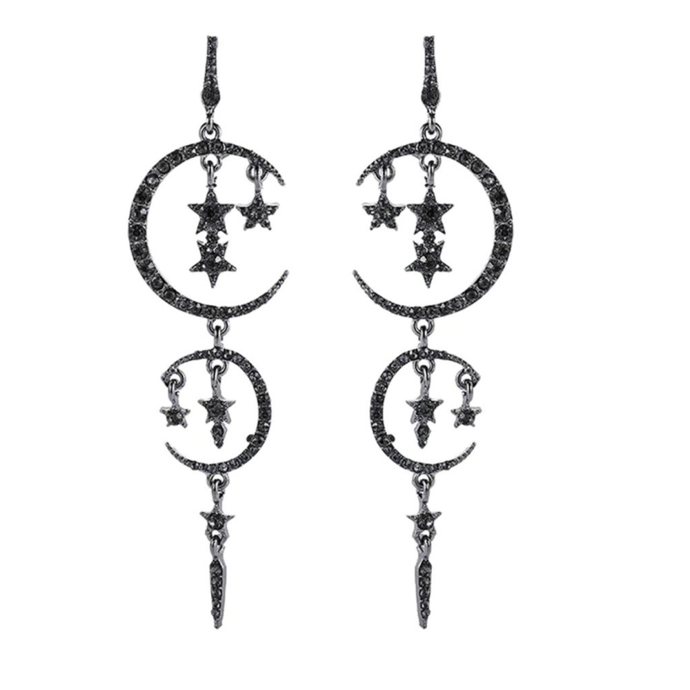 Moon & Stars Black Stones Earrings